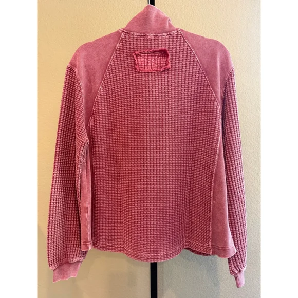 Easel Women's Thermal Waffle Knit Zip-Up Washed Long Sleeve Top Mulberry Size S - Picture 4 of 9